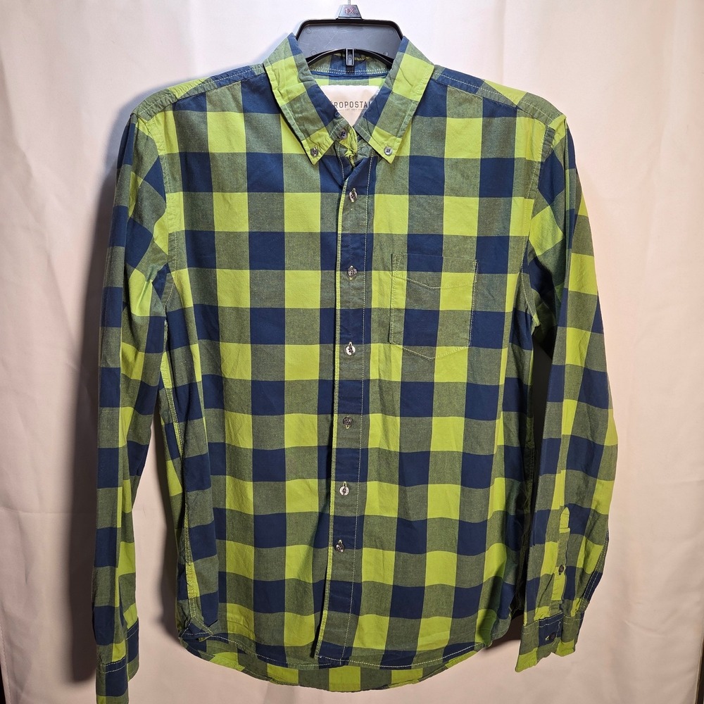 Vibrant Aeropostale Men's L Green Blue Plaid Cotton Button‎ Down LS Shirt